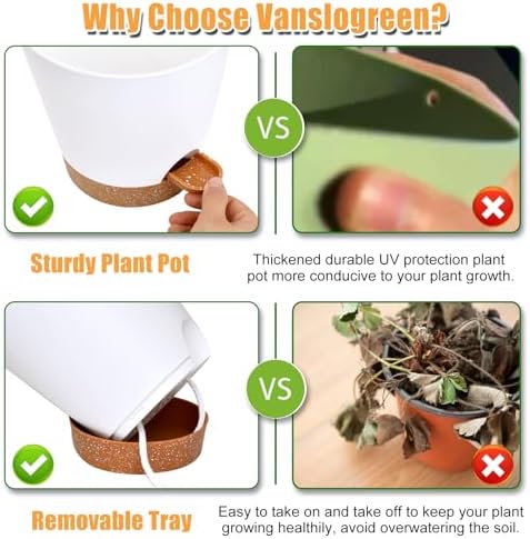 Vanslogreen Planters for Indoor Plants 7/6.5/6/5.5/5 Inch, Self Watering Planters with Drainage Holes and Saucers 5 Pack Plastic Pots for Plants, Succulents, Herbs, Cactus, Flower Pots, White - Image 5