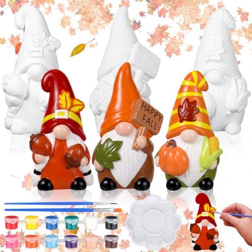 Youyole 3 Pack Fall Ready to Paint Your Own Gnome Statues, 4 Mini Blank Ceramics Unpainted Gnome Figurines Craft DIY Art with Brush Palette Paint for Adults by Ajaredlulu