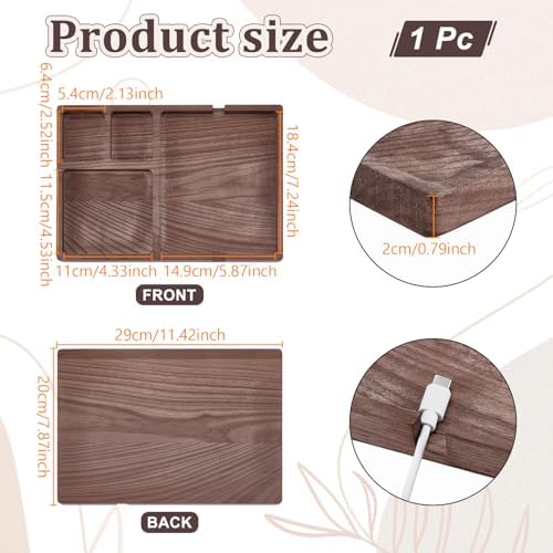 Wood Valet Tray for Men Women, Walnut Nightstand Organizer with Charging Station, Desk Drawer Organizer Tray Office Supplies, Desk Trays for Phone Watch Wallet Key Jewelry Catchall Trays - Image 2