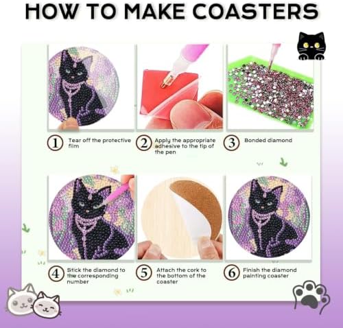 Leatrice Small Diamond Art Coasters Set Diamond Painting Kits for Adults Cat Diamond Dots Coasters Beginners Women Gem Art Coasters with Holder Funny Crafts Supplies for DIY Home Decor - Image 3
