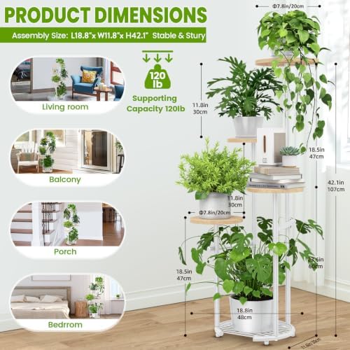 TOSKING 5-Tier Round Wood Corner Plant Stand Indoor, Anti-Tip, Oak & White - Image 4