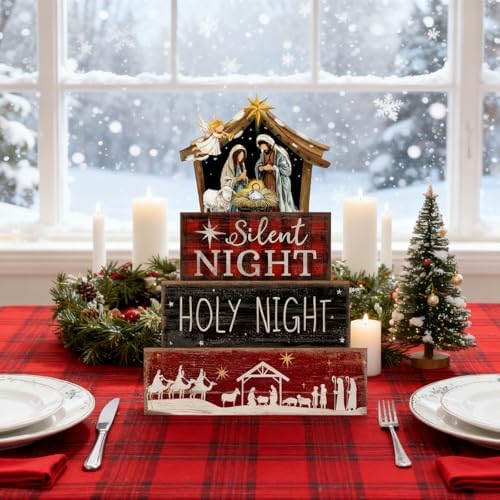 Moucuny 4 Pcs Christmas Table Decor, Wooden Nativity Scene Holy Night Signs - Image 5