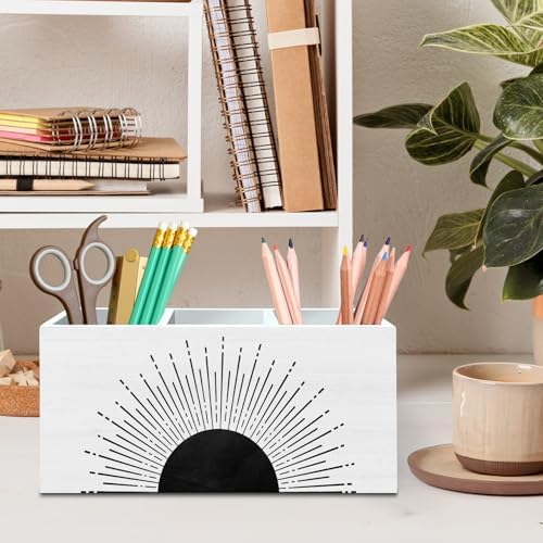 DILSJ Boho Abstract Sunshine Pen Pencil Holder Organizer for Desk, Boho Office Decor, Black and White Mid Century Modern Minimalist Sunshine Wooden Box Signs for Home Office Desk Tabletop Decoration - Image 2