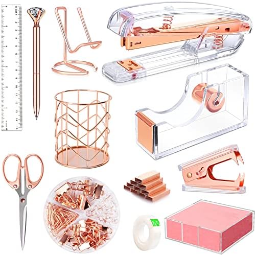 Rose Gold Office Supplies and Accessories, Acrylic Stapler, Staple Remover, Tape Holder, Ballpoint Pen, Scissor, Binder Clips, Staples, Phone Holder, Ruler, Transparent Glue and 300 Notes by Famassi