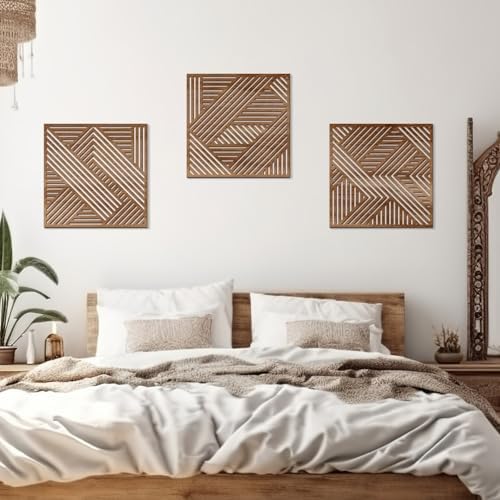 Bnesi 3 Piece Abstract Geometric Wood Wall Art Decor Modern Boho Minimalist Slatted Design Wall Sculpture Art Decor for Living Room Bedroom Home Bathroom (Exquisite, Medium) - Image 4