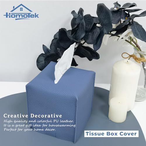 HOMOTEK 2 Pack Tissue Box Cover, Square PU Leather Tissue Holder, Decorative Facial Tissue Cube Paper Organizer Dispenser for Bathroom, Night Stands, Desk, Car 5X5X5'' - Haze Blue, Pebble Grain - Image 4