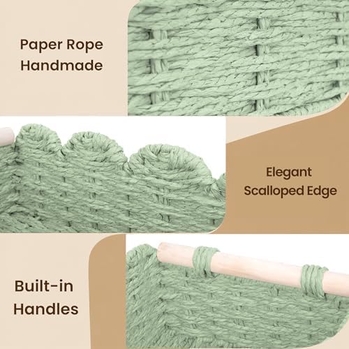 iEGrow Paper Rope Small Storage Baskets for Organizing, Set of 2 Scalloped Edge Wicker Basket with Wooden Handles Toilet Paper Basket for Over Toilet Storage Shelf, Home Decor, Living Room (Green) - Image 4