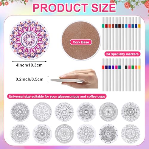 Potchen 12 Pcs Color Your Own Coaster DIY Kits,Mandala - Image 2