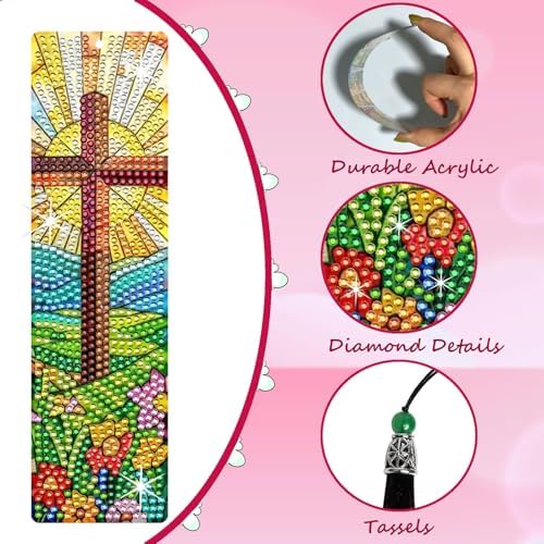 8PCS Diamond Painting Art Bookmarks,Cute Acrylic Bookmarks Crafts Kits Gifts with Pendants for Adult Women Book Lovers (cross2) - Image 3
