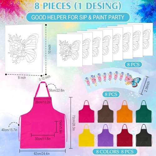 Cholemy 8 Set Paint and Sip Kit for Adults 8'' x 10'' Pre Drawn Canvas with Wooden Easels Acrylic Paint Brushes Wash Cup Palette Apron for Painting DIY Date Night Party Supplies(Butterfly) - Image 3