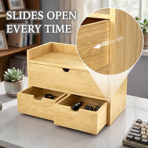 Bamboo Desk Organizer with 3 Drawers, Wood Storage Box for Office Supplies - Image 4