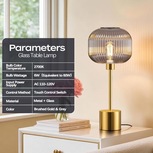 QiMH Glass Table Lamp for Living Room, Modern Bedside Lamp with Grey Ribbed Glass Shade, 3-Way Dimmable Touch Control Nightstand Lamp for Bedroom, Brushed Gold (2700K LED Bulb Included) - Image 3