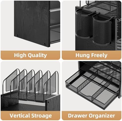 Marbrasse Desk Organizer with Drawer, 4-Tier Wooden File Organizer with 5 Vertical File Holders and 2 Pen Holders, Desk Organizers and Accessories for Home Office - Black - Image 2
