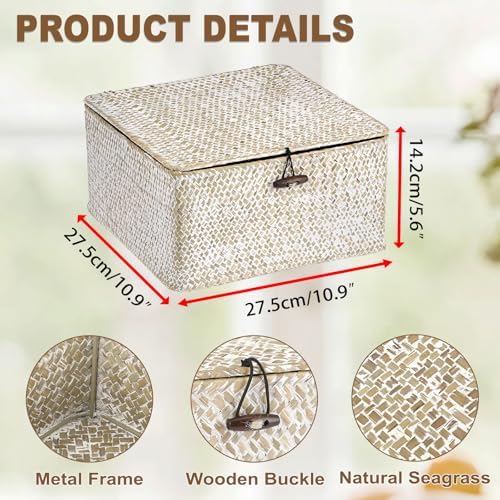 Hipiwe Wicker Shelf Basket Bin Square Handwoven Seagrass Storage Basket with Lid Home Organize Box for Bookshelf Living Room Bath Room Multipurpose Basket Container, Whitewash Large - Image 2