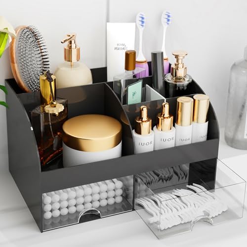 Makeup Organizer with Drawers, Cosmetic Storage for Dresser Vanity and Bathroom Countertop, Beauty Holder for Lipstick Brush, Skincare Organizer for Vanity, Cosmetic Display Case (Black) by COMFYROOM