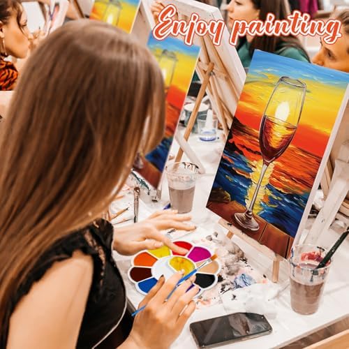 Motipuns 6 Set Pre Drawn Canvas for Painting for Adults Sip and Paint Kit with Easels 8 x 10 Inches Paint Party Kit with Printed Canvas Paints Brushes Palette Apron(Sunset with Wine Glass) - Image 4