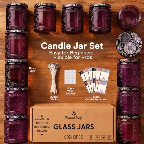 LumaCraft Luxury Embossed Glass Candle Jars for Making Candles - 12 Pack Empty Candle Containers with Lids, 20 Wicks & 20 Stickers, Colored Glass Jars for Gifts & Decor - Image 2