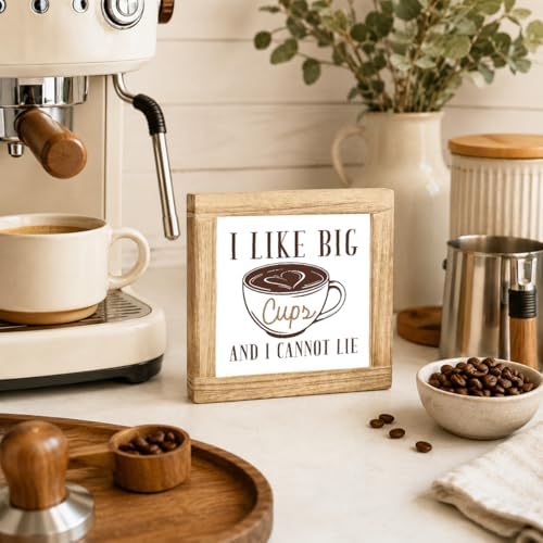 Coffee Wooden Plaque, I Like Big Cups and I Cannot Lie, Funny Kitchen Coffee Sign, Brown Latte Art Decor Accent, Rustic Counter Display For Pantry Shelf Breakfast Bar, 5.9 x 5.9 in - Image 4