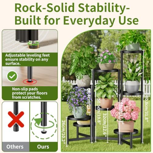 8 Tiered Plant Stand Indoor for Multiple Large Planter, Tall Heavy Duty Adjustable Folding Rack with Rustproof 7.9 Inch Wide Tray, Plant Shelf for Corner Living Room - BlackDisk - Image 3