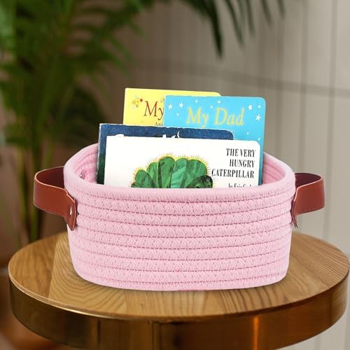 ABenkle Small Storage Basket, Mini Baskets, Cute Rope Woven Baskets for Organizing, Square Shelf Storage with Handle, Boho Decorative Toy Bin for Nursery, Spa, Empty Gift Basket - XS, Pink - Image 3