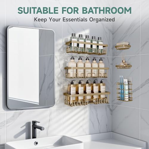 Veken Shower Caddy 6-Pack, No Drilling & Rustproof, Waterproof Adhesive Shelves Rack with Soap Holder, Large Capacity Bathroom Organizers and Storage, Wall-Mounted Kitchen & Home Decor, Matte Gold - Image 5