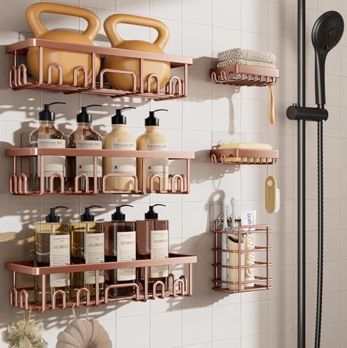 Veken Shower Caddy 6-Pack, No Drilling & Rustproof, Waterproof Adhesive Shelves Rack with Soap Holder, Large Capacity Bathroom Organizers and Storage, Wall-Mounted Kitchen & Home Decor, Rose Gold by Veken