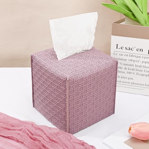 HOMOTEK 1 Pack Tissue Box Cover, Square PU Leather Tissue Holder, Decorative Facial Tissue Cube Paper Organizer Dispenser for Bathroom, Night Stands, Desk, Car 5X5X5'' - Rattan Weave, Plum Red by HOMOTEK