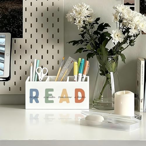 Book Lovers Gifts Pen Holder, Book Reader Gifts Pencil Holder for Desk, Boho Read Today a Reader Tomorrow a Leader Wooden Box Sign Decorations for Reading Room Classroom Desk Tabletop - Image 2