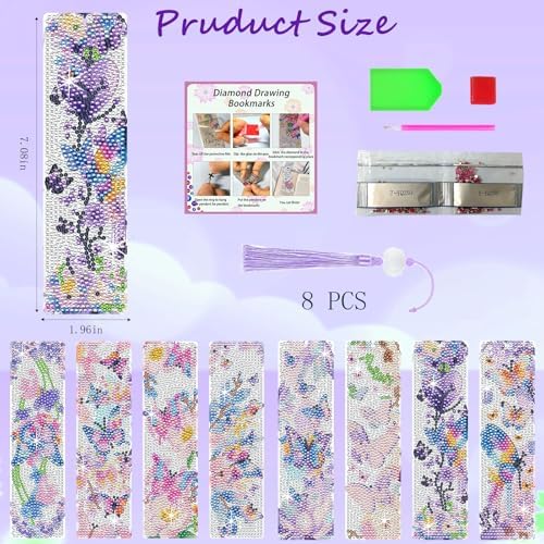 8PCS Diamond Painting Art Bookmarks,Cute Acrylic Bookmarks Crafts Kits Gifts with Pendants for Adult Women Book Lovers (Butterfly) - Image 4