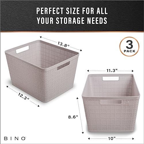 BINO | Woven Plastic Basket | Large (Natural Grey), 3-Pack | THE JUTE COLLECTION | Home Organization, Space - Saving Storage, Stylish Design | Jute Basket | Plastic Storage Basket - Image 3
