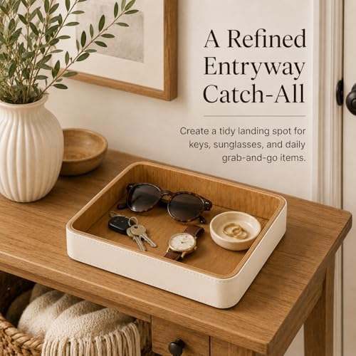 GORESE Square Perfume Tray for Dresser, PU Leather Jewelry Tray for Vanity, Cream White & Wooden - Image 5