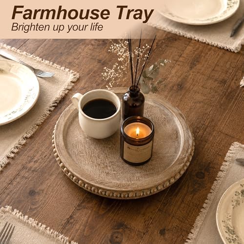 Round Decorative Tray for Coffee Table, Natural Wood Beaded Tray with Detachable Legs, 11.87" Farmhouse Rustic Serving Tray for Living Room, Ottoman, Kitchen Counter, Dining Table Decor - Image 2