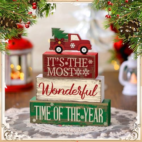 Moucuny 4 Pcs Christmas Red Truck Centerpiece Wooden Block Signs Tabletop - Image 2