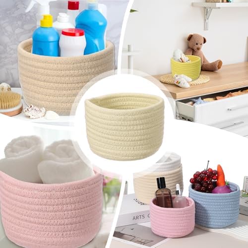 uxcell Khaki Small Cotton Rope Woven Storage Basket, Shelf Closet Storage Gift Woven Baskets Cute Nursery Box Bin Decor Organization Bin for Home Supply, Round, 6.3x4.4 - Image 6