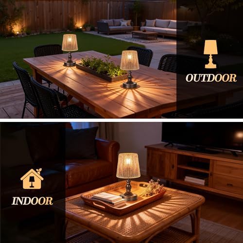 PARTPHONER Mini Cordless LED Table Lamp, 5200mAh Rechargeable Battery Operated Lamp, 3-Level Brightness, Touch Dimmable Desk Lamp, Bedside Night Light with Rattan Shade, Oil Rubbed Bronze - Image 6