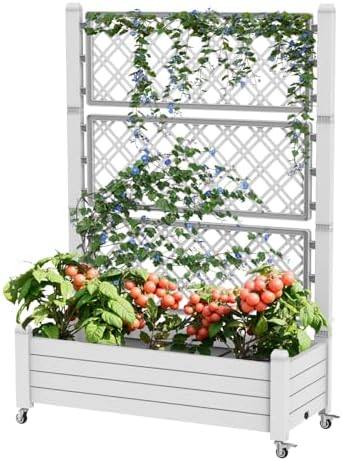 Elevated Raised Garden Bed with Trellis,Outdoor Large Resin Patio Planter Box Stand Divisible with Drain Plug,Water Monitor for Plants Vegetables Flowers Fruits (Ashen, 43.43 * 18.27 * 64.29) by GYMHILL
