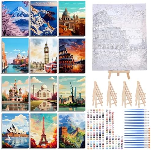 RoundFunny 12 Set Paint by Numbers Kit for Adults Cityscape Painting 8x10 by RoundFunny