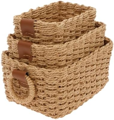 3Pcs Small Wicker Baskets, Small Woven Baskets for Organizing, Woven Storage Basket, Multipurpose Container Tabtop Bins, Desk Organizer for Shelves Bathroom Living Room by LAINIUTE