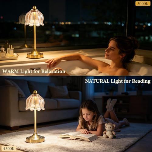 Small Tulip Cordless Table Lamp, LED Touch Accent Lamp with Amber Glass Shade, Dimmable Vintage Table Lamps for Bedroom, Kitchen, Nightstand, Restaurant - Image 6