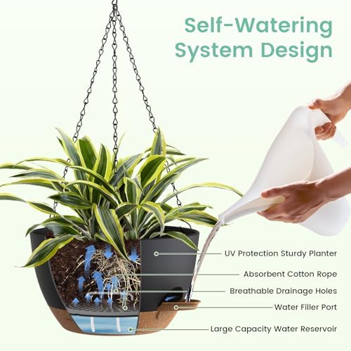 UOUZ 4 Pack 8 Inch Self Watering Hanging Planters for Indoor Outdoor Plants，Hanging Pots for Plants with Drainage Removable Tray, Hanging Baskets Flower Pots for Pothos Spider Garden Black with Brown - Image 4