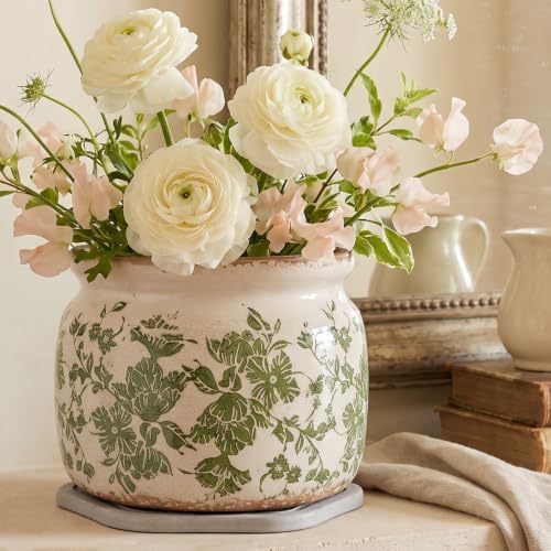 Tuscan Ceramic Planter with Decorative Tray, Plant Lover Gifts for Women - Image 2