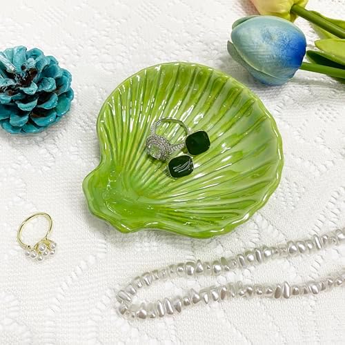 Trinket Dish Shell, Ceramic Jewelry Dish Seashell, Seashell Shape Jewelry Holder Plate for Rings Earrings Necklaces Bracelet, Decorative Tray for Mom Friend Sister, 3.9", Green Iridescent Surface - Image 3