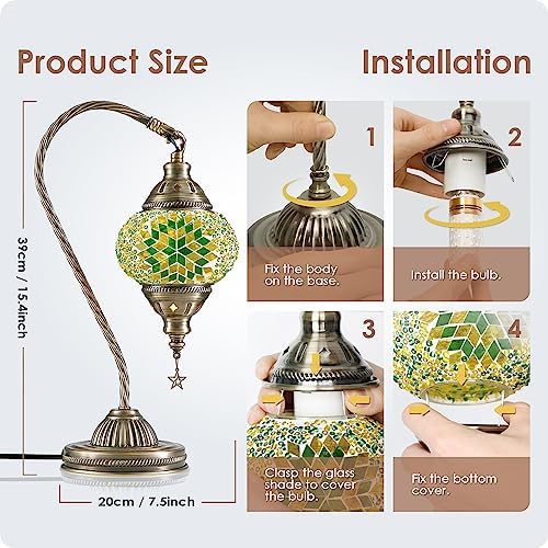 Yarra-Decor Turkish Moroccan Lamp with Bronze Base 3 Color Options Handmade Swan Neck Mosaic Glass Bedside Lamps for Bedroom (LED Bulb Included)(Green2) - Image 6