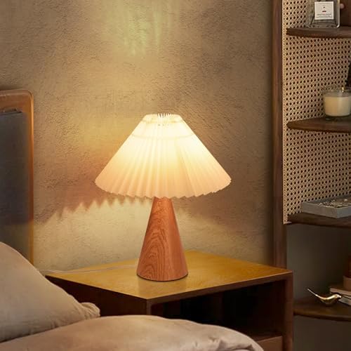 Ziqqeelam Wood Grain Small Table Lamp, Cute Table Lamp, Pleated Table Lamp, Wooden Bedroom Lamps for Nightstand, Small Scalloped Lamp Shade Table Lamps for Small Spaces for Bedroom,Living Room by Unknown