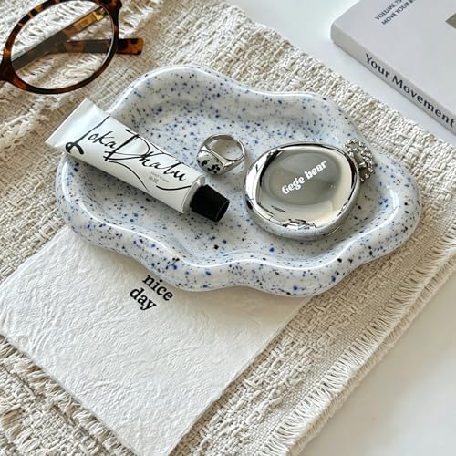 Jewelry Dish Trinket Tray for Women, Ring Dish Holder, Unique Cloud Shape Ceramic Plate Cute Things Vanity Aesthetic Room Decor Mother's Day Birthday (Marble Blue) by MDFayeHome