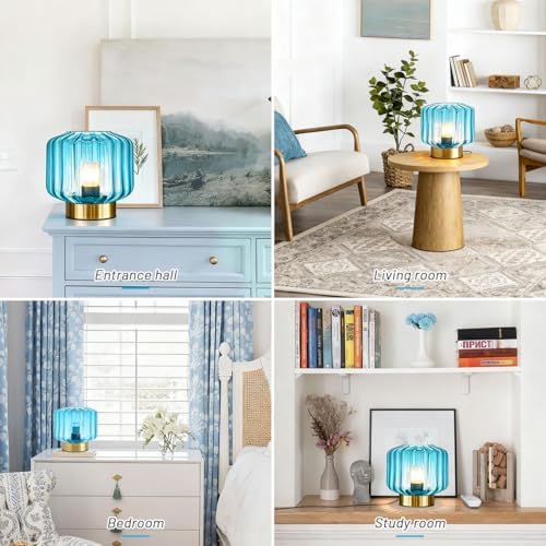 Mid Century Modern Table lamp Small Table Lamps with Touch Metal Base and Blue Glass Shade Vintage Gold Desk lamp nightstand lamp Bedside Table lamp for Bedroom Living Room Office - Image 5