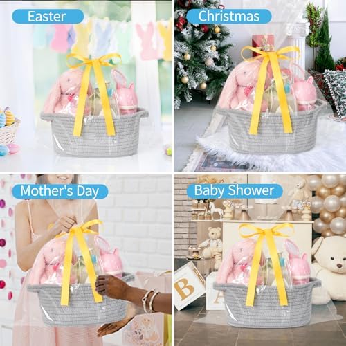 ABenkle Small Storage Basket, Mini Basket, Cute Tiny Cotton Rope Woven Basket, Boho Decorative Toy Dog Cat Basket for Nursery, Spa, Empty Gift Basket with Gift Bags and Ribbon - Grey - Image 5