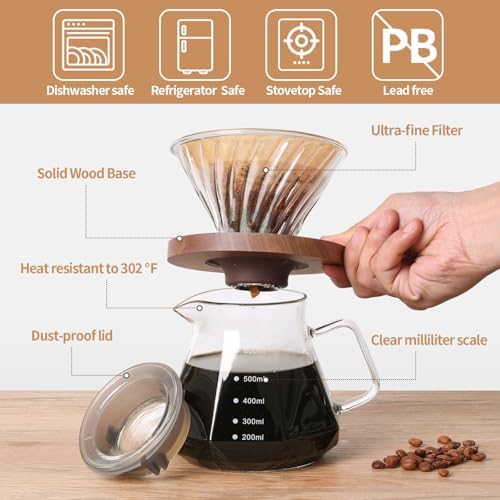 Pour Over Coffee Maker 20 OZ, 6 Cup Borosilicate Glass Drip Coffee Maker with 40 pcs V60 Paper Filter and Walnut Grip for Home Café 600 ML - Image 7