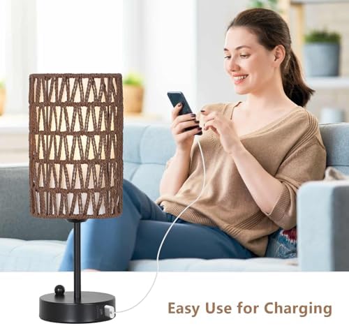 Bedside Lamps Set of 2, Touch Control Night Stand Lamp for Bedroom with Rattan & Linen Shade & Bulbs, 3 Way Dimmable Small Boho Table Lamps with USB Charging Port & Phone Stand (Coffee Color) - Image 5