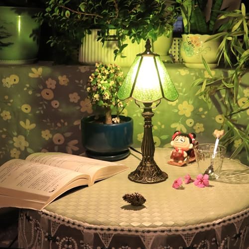 Tiffany Style Table Lamp Green Rippled Stained Glass Lamp 14 Inch - Image 6